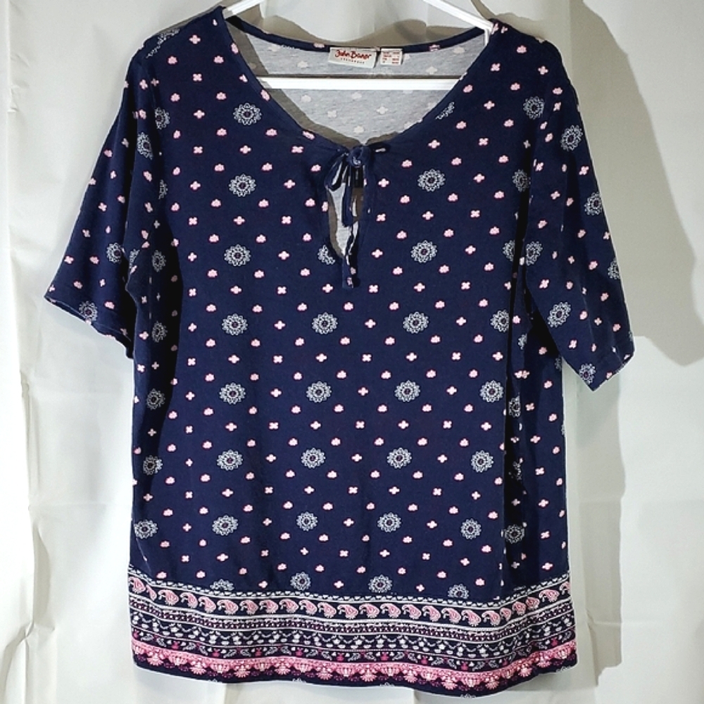 John Baner Pink/Blue Floral/Paisley/Western Relaxed Blouse w/ Tie Front - Size L